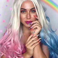 Harley Quinn, парик для косплея, стильный волнистый синтетический конский хвост, высокотемпературное волокно, ручная вязка, сменный парик на кружеве для женщин