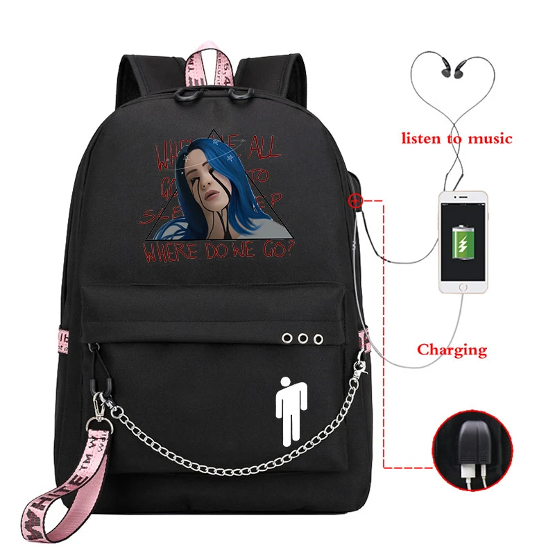 Mochila рюкзак женский Billie Eilish школьные сумки для девочек-подростков Usb зарядка Bookbag розовый рюкзак женский ноутбук дорожная сумка