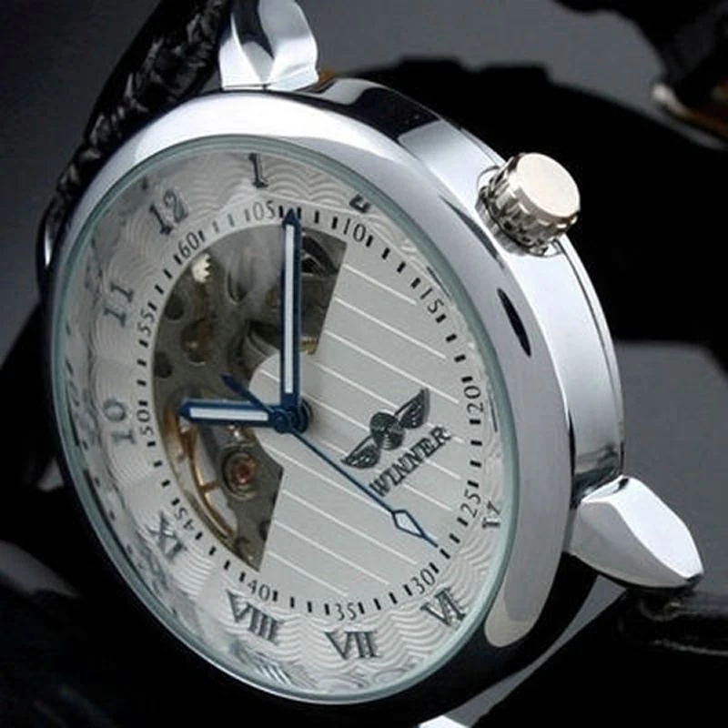 WINNER famous popular hot mechanical brand for men man fashion casual classic skeleton watches gold dial leather band 