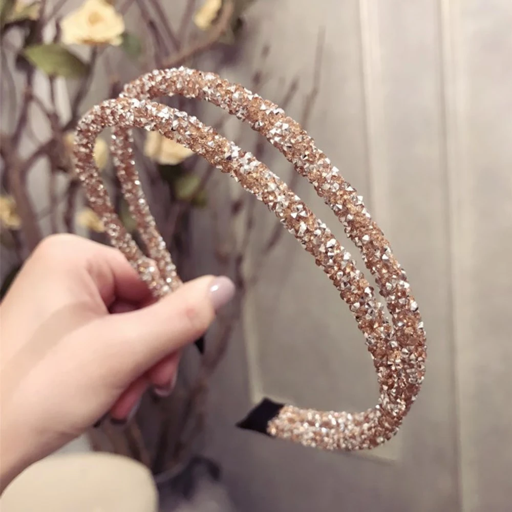 

2019 Fashion Rhinestone Hairband Women Full Diamond Super Flash double Crystal Side Hair Band Headband Hair Accessories