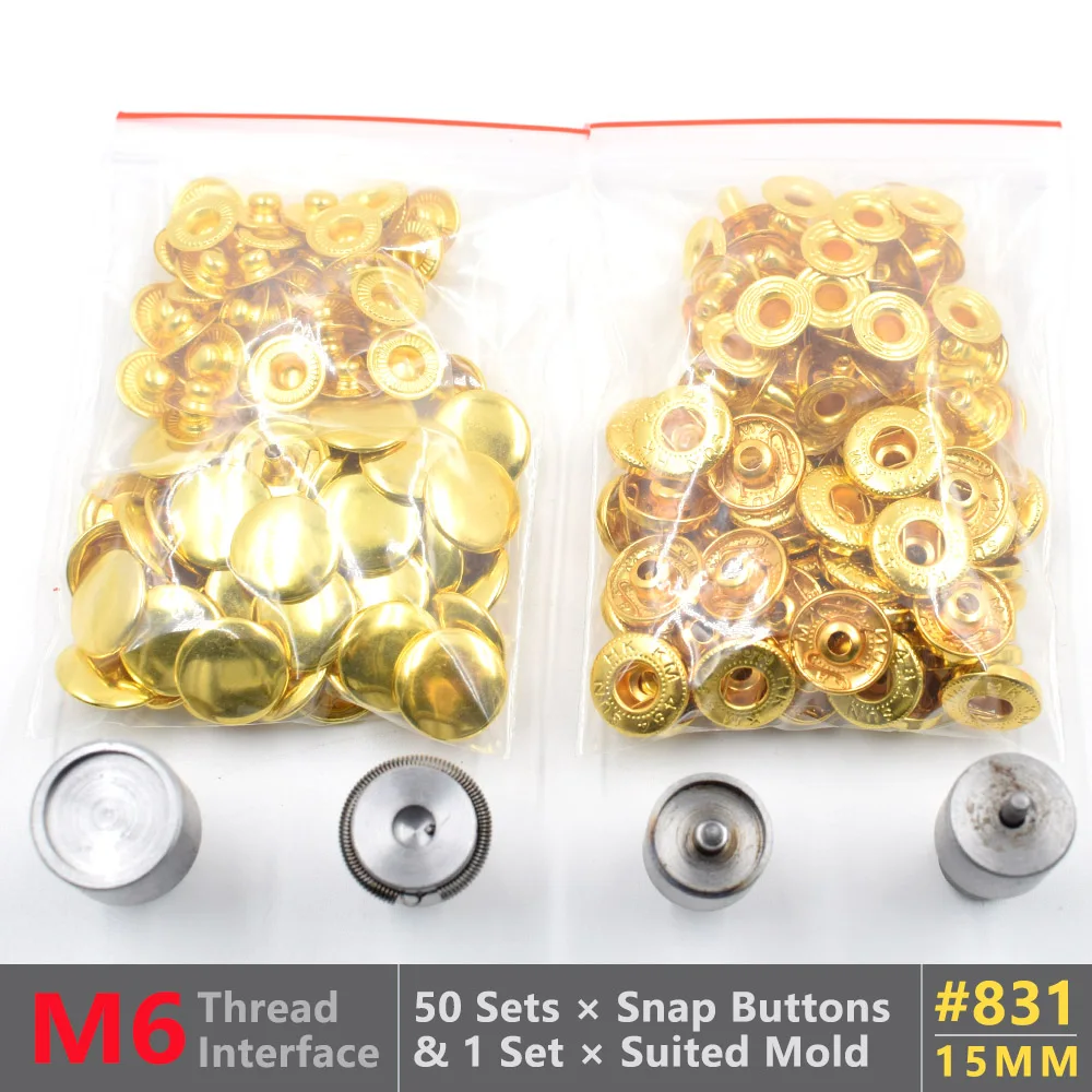 Golden-15mm 1 комплект M6 резьбовой интерфейс прессформы и 50 комплектов кнопок с 10 мм/12,5 мм/15 мм. Металлическая защелкивающаяся форма для заклепок. Кнопка для установки инструмента - Цвет: Golden-15mm