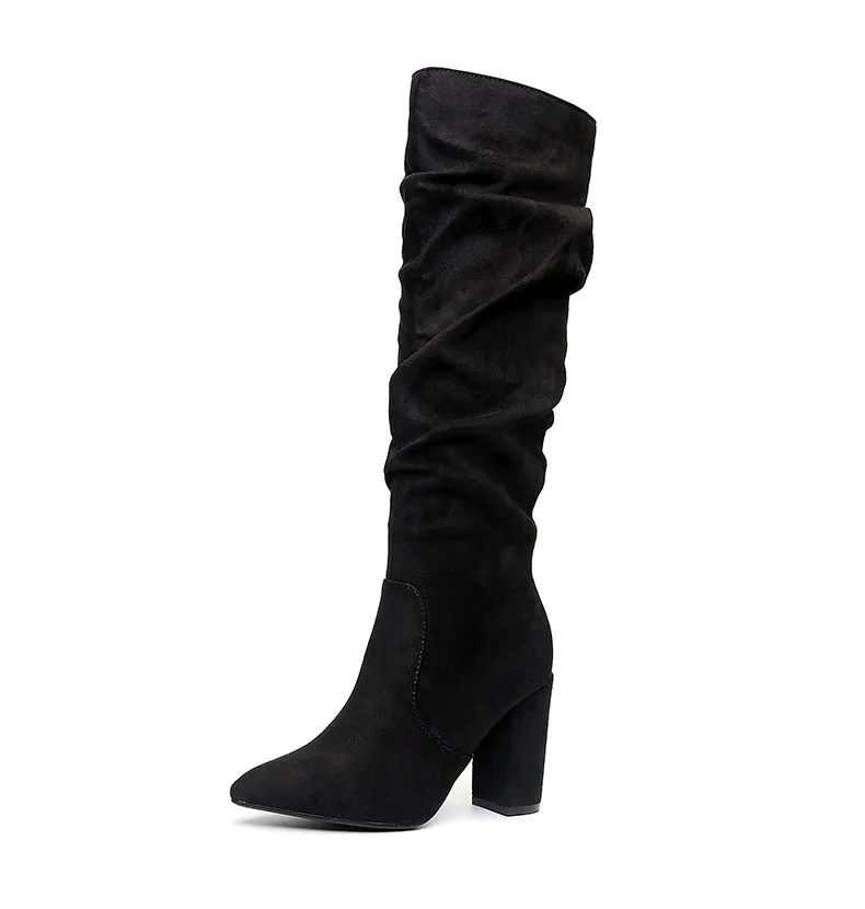 Pointed Toe Black Knee High Boots Suede Pleated Boots Shoes Women High Heel Autumn Winter Boots Femme Botas Mujer - Цвет: black