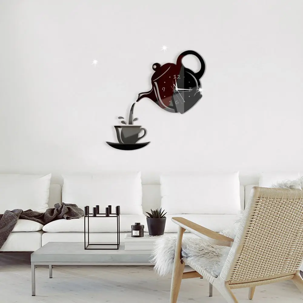 Акриловые зеркальные кофейные чашки чайник настенные часы кварцевый механизм 3D наклейки настенные часы домашний декор для столовой гостиной