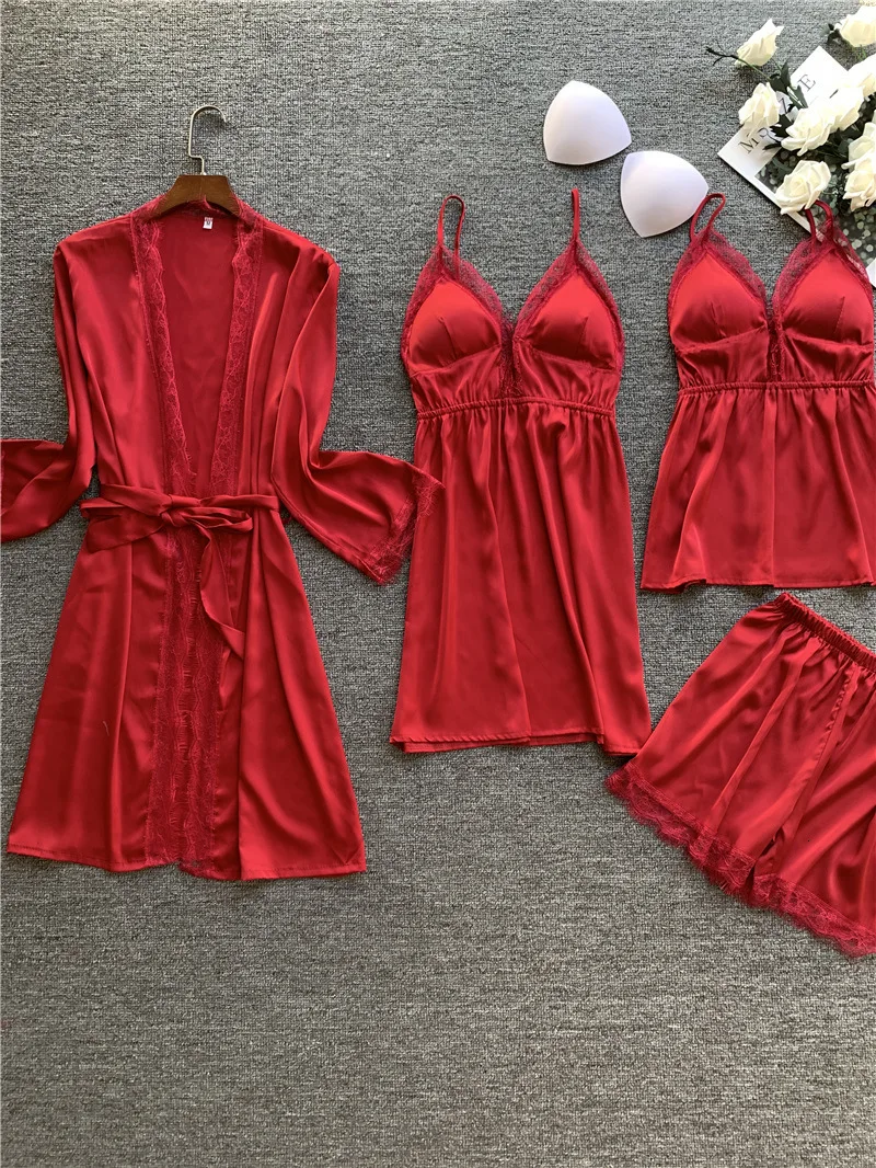 Wine Red 4 шт. Набор пижамы женские кружевные сексуальные спагетти ремень халат с длинным рукавом ледяные шелковые шорты пижамный комплект - Цвет: Wine Red