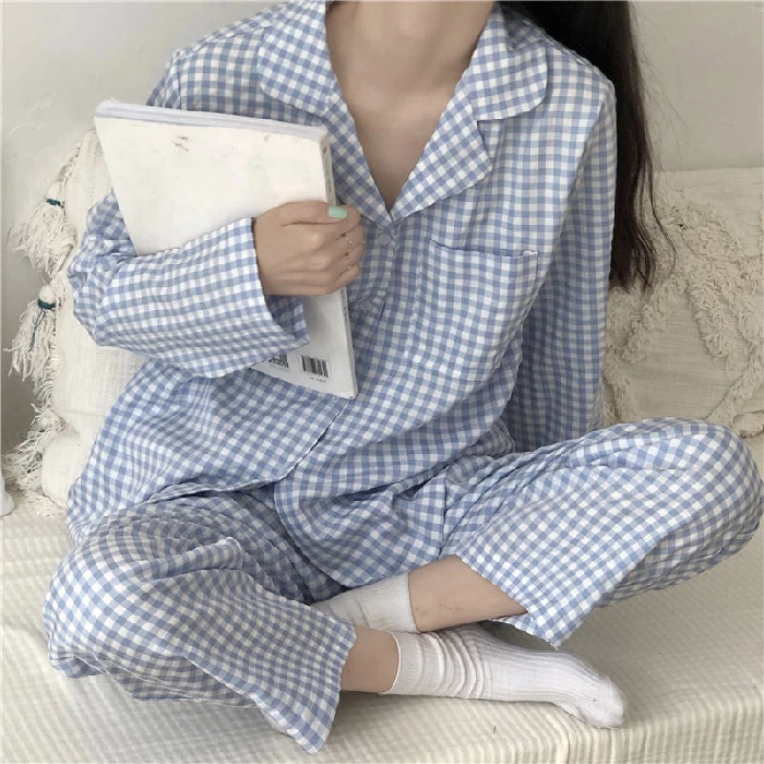 Ladies spring and autumn style net red printed plaid pajamas set lapel long-sleeved trousers 2-piece home service casual pajamas satin pajamas Pajama Sets