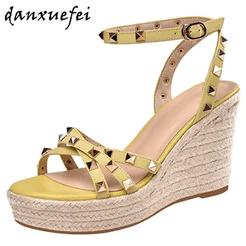 

Women's genuine leather narrow band wedge platform ankle trap sandals summer open toe casual dress pumps hemp bohemia style shoe