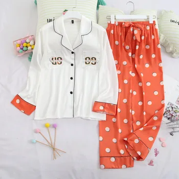 

L-XL Orange Women Pyjamas 2PCS Shirt&Pant Pajamas Set Sexy Print Letter Pocket Night Suit Underwear Sleepwear Autumn Nightwear