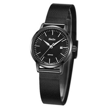 

Luxury 50m Dive Waterproof Ultra Thin Stylish Stainless Steel Mesh Band Sapphire Crystal Girls Black Quartz Watch 28mm for Women