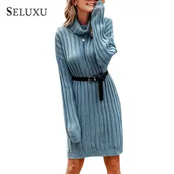 Seluxu 2019 осеннее женское платье-свитер водолазка женское платье с длинным рукавом мини-платье однотонное женское платье с поясом женское