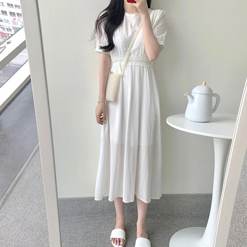Korean Style Lace Up Pleated Patchwork White Long Dress Women Elegant High Waist Casual Fashionable Dress 2020 Summer Dresses