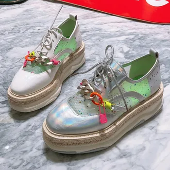 

Organza Old Linen Thick Bottom Wedge Square Head Brogue Casual Women's Shoes Patent Leather Lace-Up Flat Platforms Ladies Oxford