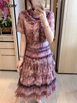 

Top Quality New 2020 Summer Dress Women Vintage Jacquard Prints Cascading Ruffle Sexy Short Sleeve Mid-Calf Length Dress Purple