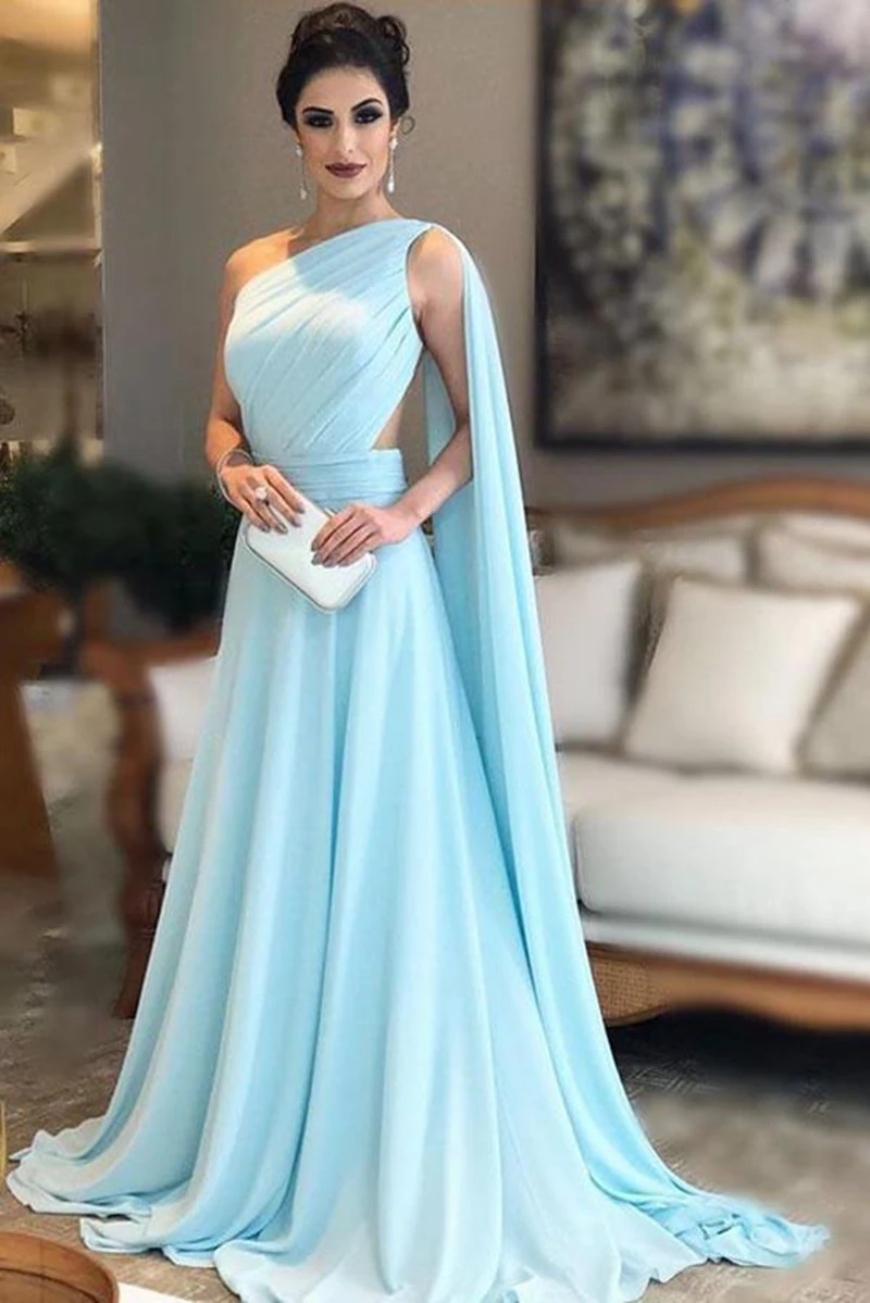 

Light Blue A-Line Evening Dresses 2020 Elegant One-Shoulder Chiffon abendkleider Formal Party Long Prom Gowns vestidos elegantes