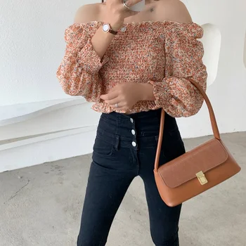 

COIGARSAM Print Chiffon blouse women Spring Lantern Sleeve blusas womens tops and blouses Orange White Purple 7547