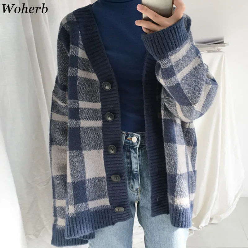 Woherb/винтажный Модный кардиган с v-образным вырезом и длинными рукавами, клетчатые свитера, осенняя зимняя вязаная одежда, топы для женщин, Корейская уличная одежда 90814