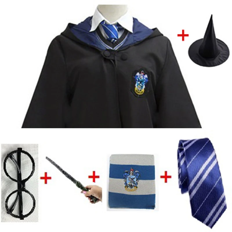Ravenclaw Set4 45 маскарадный костюм Поттер Волшебный халат накидка костюм галстук шарф палочка очки Ravenclaw Гриффиндор Hufflepuff Слизерин подарок Поттер - Цвет: Ravenclaw Set4