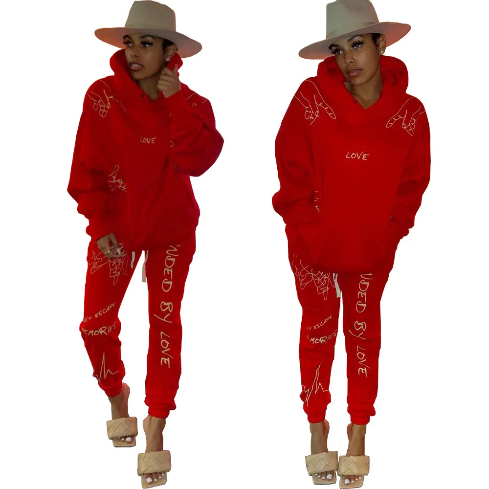

Letters Womens Tracksuits Hooded Red Loose Two Pieces Sets for Women Fashion Printed Femme 2PCS Suits for New Year