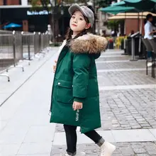 Коллекция года, зимняя одежда для девочек Детские утепленные куртки на утином пуху Длинная Верхняя одежда с капюшоном, пальто Детская парка одежда с натуральным мехом