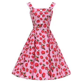 

Rockabilly Full Circle Vintage Dress Summer Backless Sexy Button 50s Large Swing Pink Blue Strawberry Print Polka Dot Dresses
