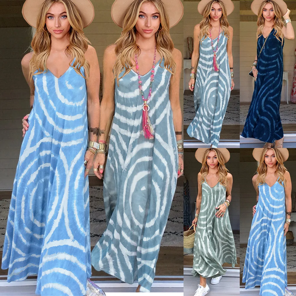 

Women Dresses Summer 2024 V-neck Drawstring Sleeveless Long Skirt Bohemian Print Dress Seaside Vacation Beach Dress Long dresses