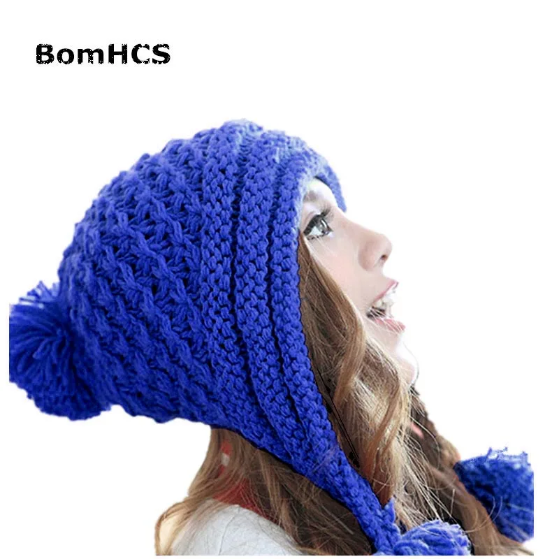 BomHCS, корейский стиль, модная женская зимняя теплая шапка, ручная работа, вязаная шапка с цветком - Цвет: Blue