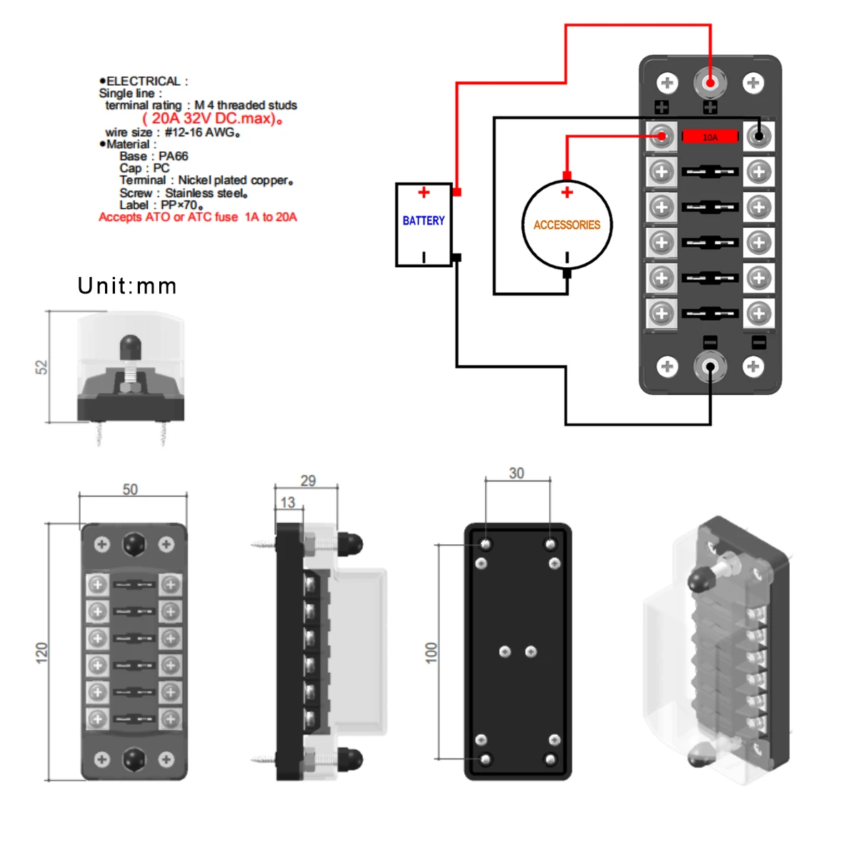 Jtron 6 way/12 way автомобильный предохранитель для ATO/ATC 1-20A предохранитель DC 32 В M5 винтовой Тип соединитель держатель предохранителя с предохранителем