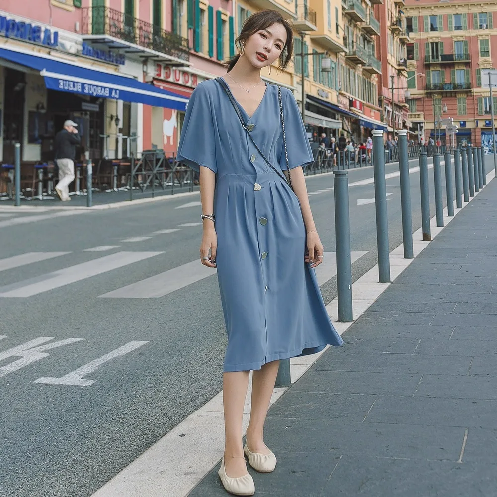 

Photo Shoot 2019 Summer New Style INS Retro CHIC Wind Charade Hollow out Cutout-Waist V-neck Shirt Dress