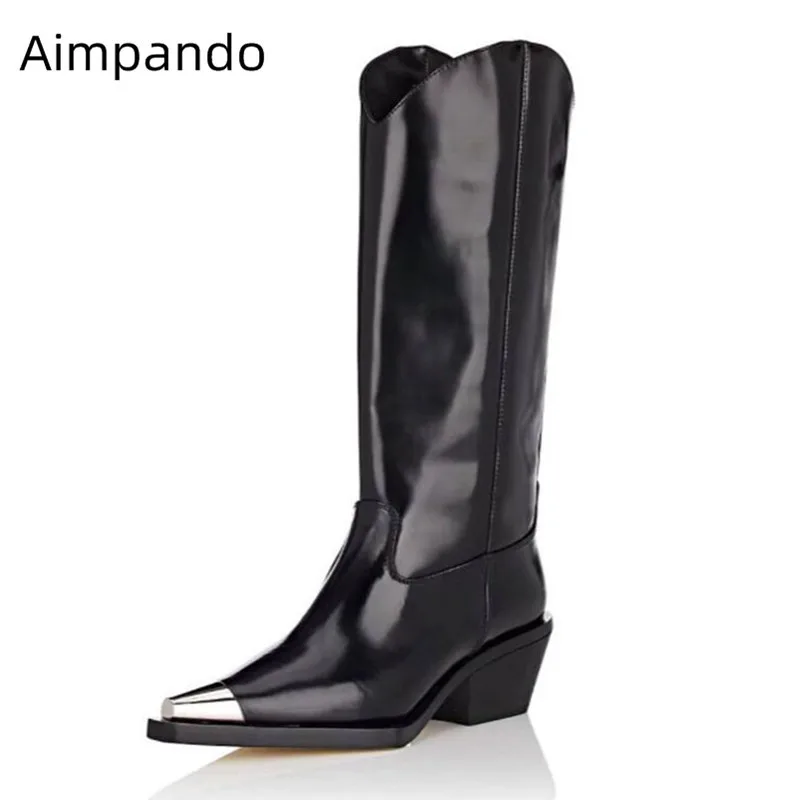 

Genuine Leather Knight Boots Women Metal Point Toe Chunky Heel Party Bottes Slip On Chic Botas Solid Autumn Spring Boots Women