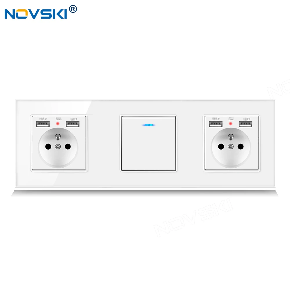 

258 EU Standard DIY Triple Frame Switch Socket, French Hybrid Outlets, 2.1A Dual USB Charging Outlet, German Bayer Base, White