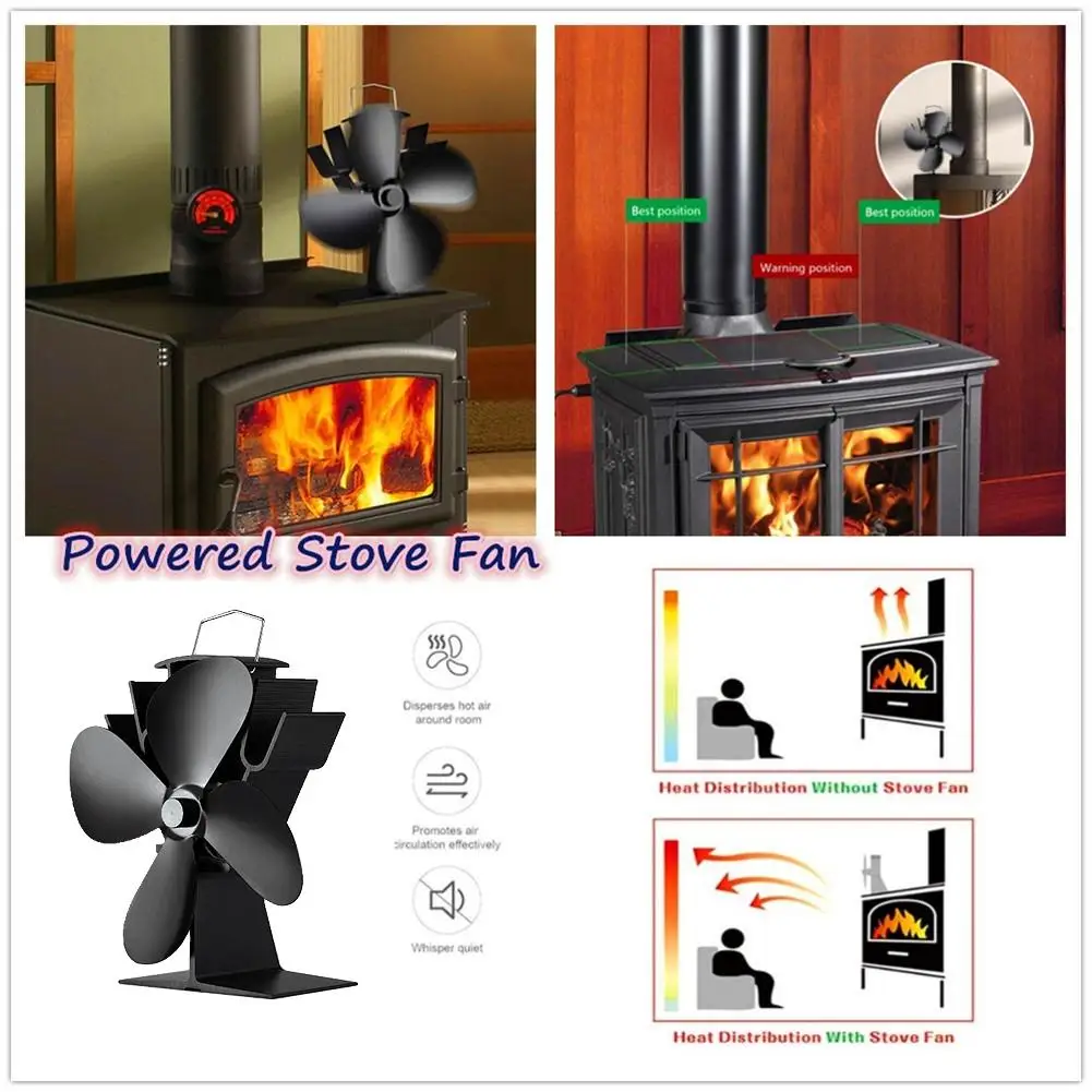 Black Fireplace 4 Blade Hot Power Heat Furnace Fireplace Fan Heating Fan Heat Powered Stove Fan Home Efficient Heat Distribution