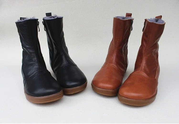 Careaymade обувь из натуральной кожи; женские зимние ботинки ручной работы с шерстью; Плюшевые ботинки средней высоты на толстой подошве