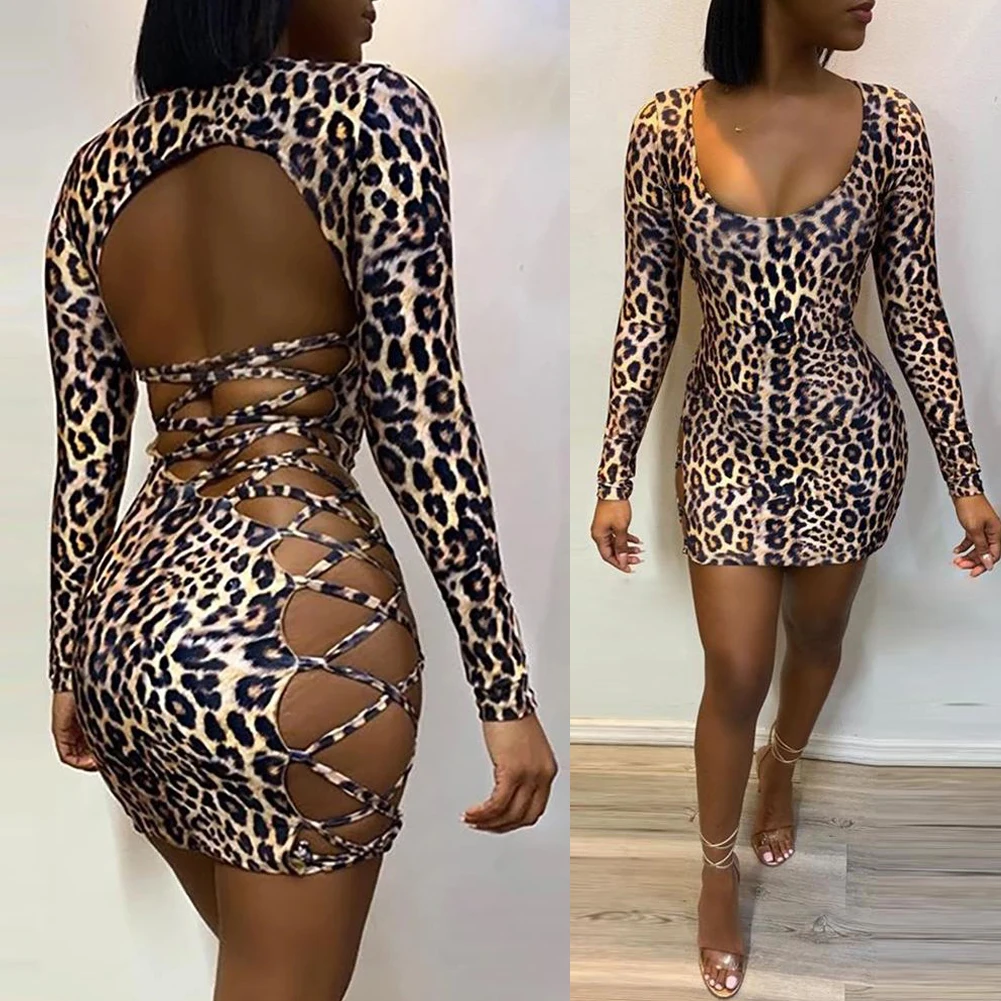 

Sexy Women Leopard Print Bandage Dress Party Clubwear Long Sleeve Backless Hollow Out Bodycon Slim Mini Skirt