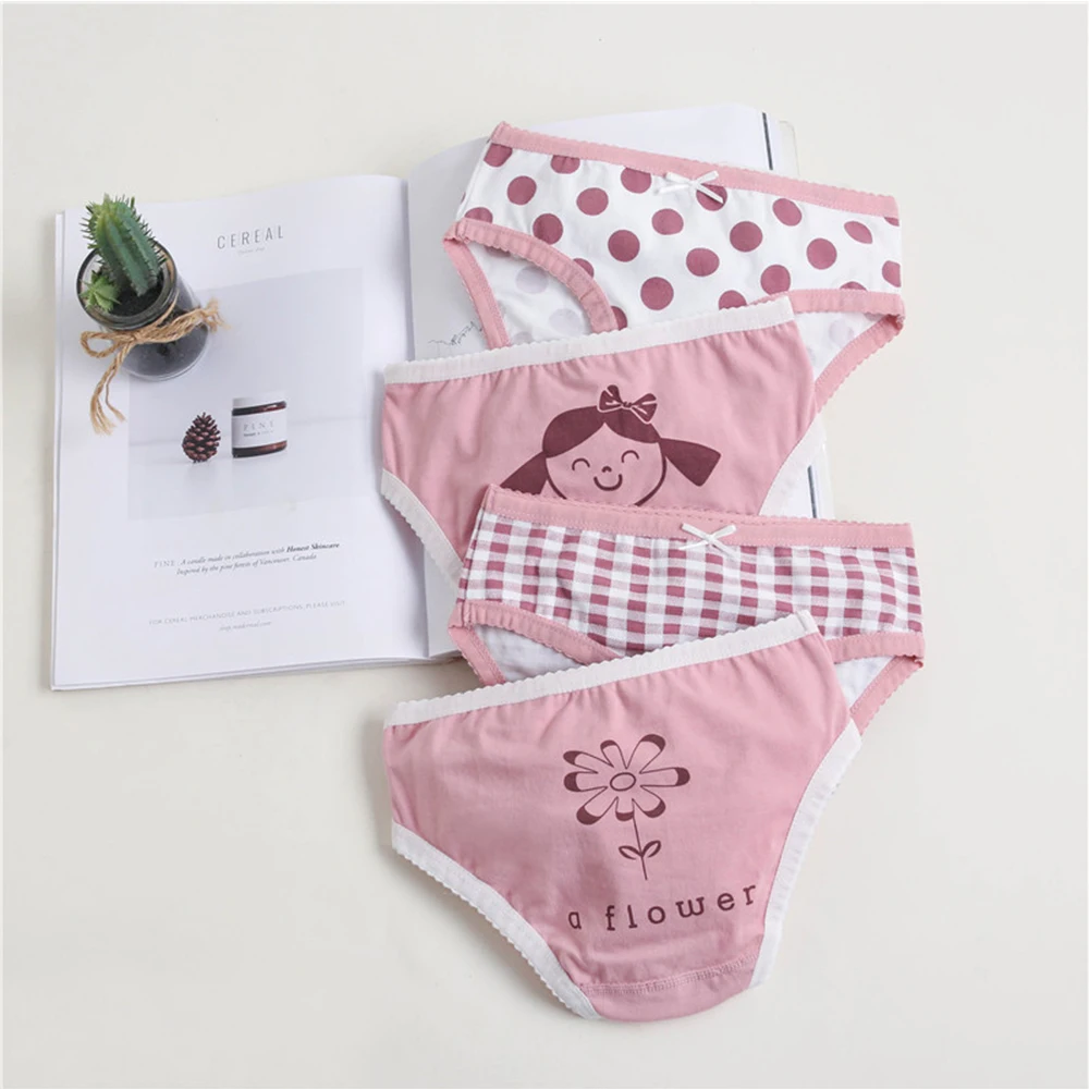 Girls Panties Kids Cotton Underwear Children\'s Briefs Wave Point Trellis Cartoon Short 4Pcs/lot