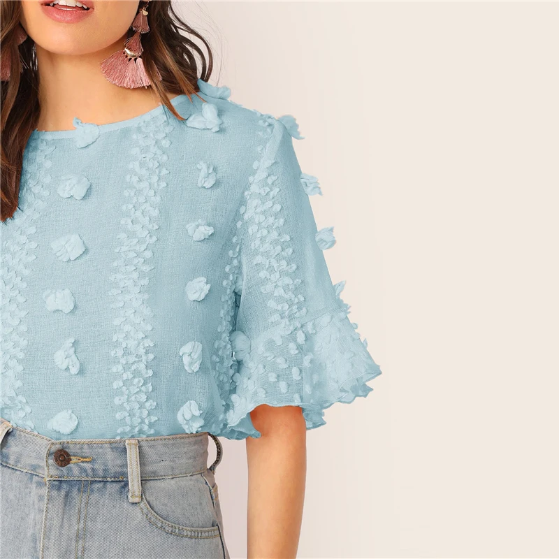 SHEIN элегантный розовый топ с 3D аппликацией и манжетами, блузка для женщин, короткий рукав, круглый вырез, Замочная скважина на спине, летние топы и блузки в стиле бохо