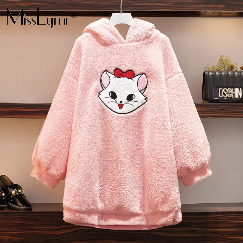 XL-4XL размера плюс женские розовые Kawaii толстовки зима милый мультфильм патч длинный рукав утолщение и флис теплый свитер