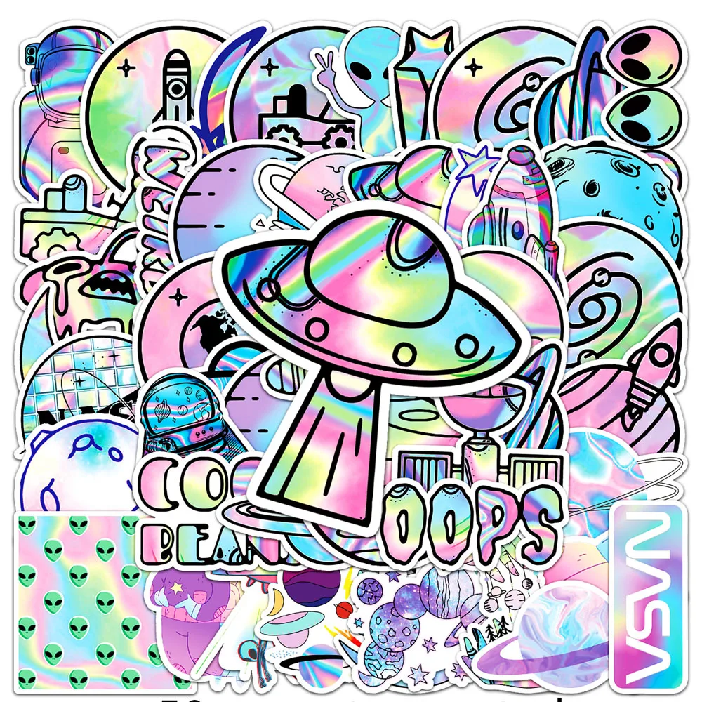 

10/30/50pcs Holographic Laser Alien Outer Space Cartoon Stickers DIY Laptop Luggage Skateboard Phone Cool Sticker for Kids Toy