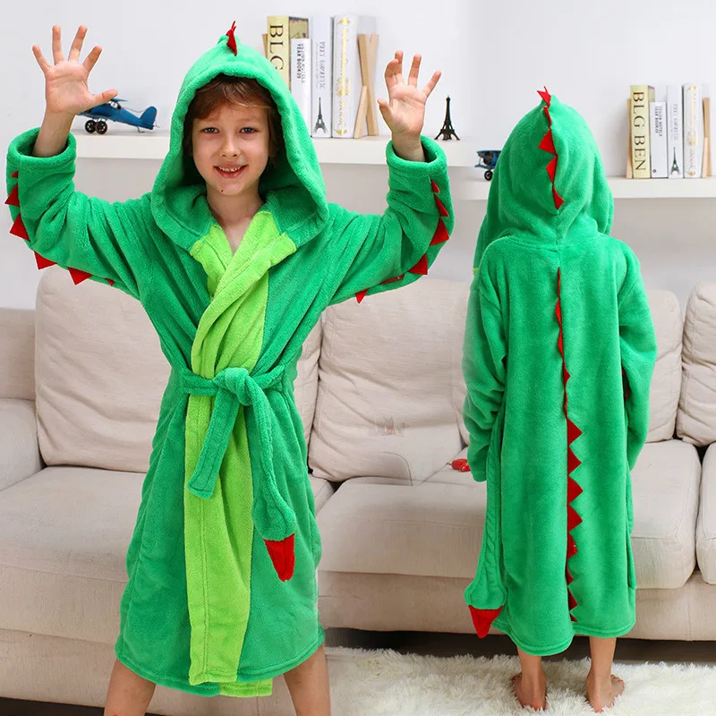 Cartoon Children Bathrobe for Boy Girls Pajamas Flannel Tiger Animal Hooded Bath Robe Baby Kids Home Wear Outfit Roupao Infantil - Color: Green