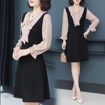 

plus big size women clothing 2019 spring autumn winter korean false two piece loose dots bowknot pullover dresses girl W1053