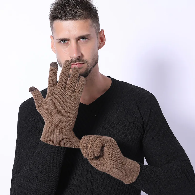 

Full Finger Gloves Men Winter Solid Jacquard Plus Velvet Thickening Knitting Keep Warm Cold Protection Men's Gloves Casual