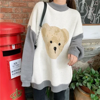 

Cute Bear Sweater Female 2020 Autumn Sweater Women's College Sweater Loose Round Neck Long Sleeve Sweater Cotton Cartoon Sweaer