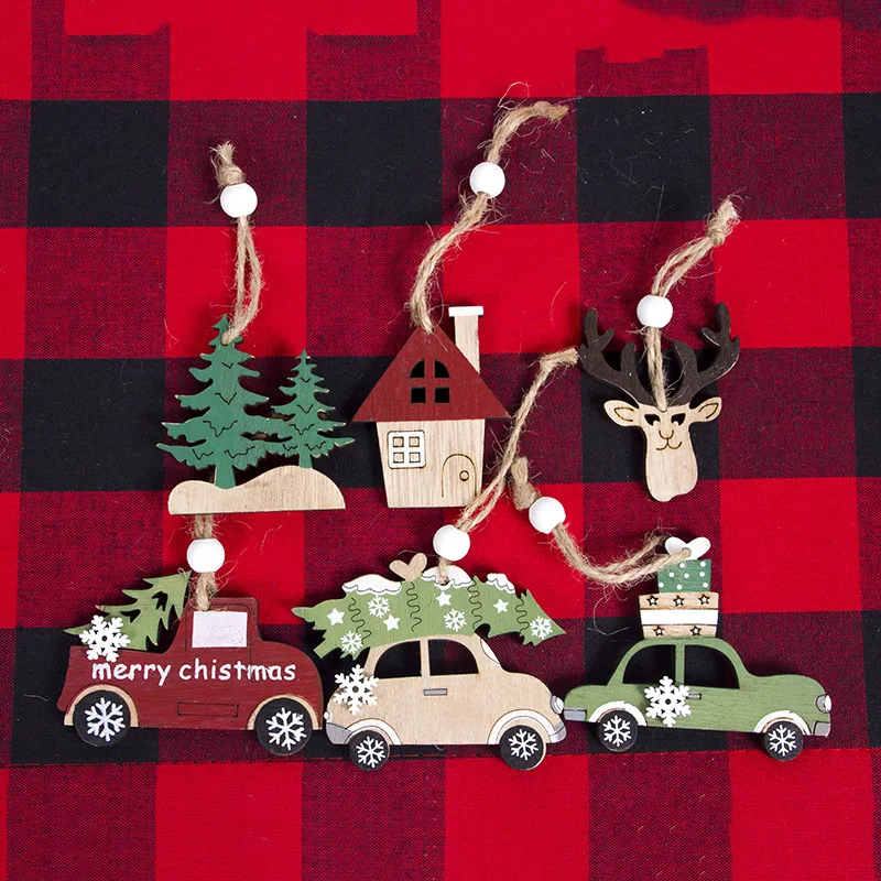 

2020 Navidad New Wooden Decorative Pendant Creative Christmas Car Deer Christmas Tree Decoration Mini Cabin Pendant 3 Pack Decor