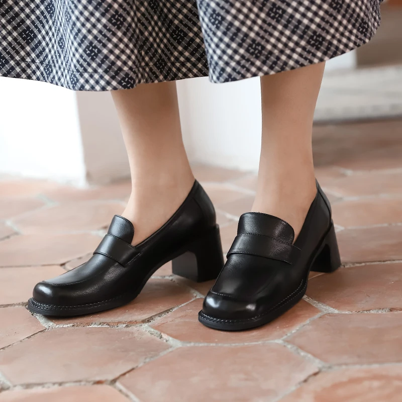 

Square Toe High Quality Natural Genuine Leather Women Heels Spring Thick Heel Fashion High Heel Shoes High Heels Shoes