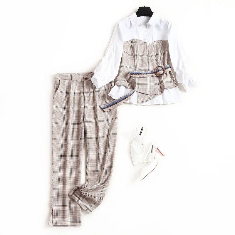 

European Plaid Suit Pants Female 2002 Pack Splicing Shirt Pencil Pants Two-piece Set 52553
