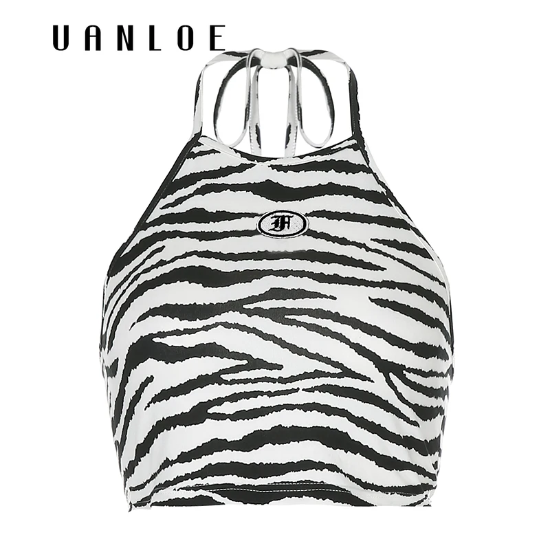 

Zebra Stripe Print Halter Crop Top For Women Off Shoulder Sexy Fashion Camisole Streetwear Backless Party Clubwear Camis