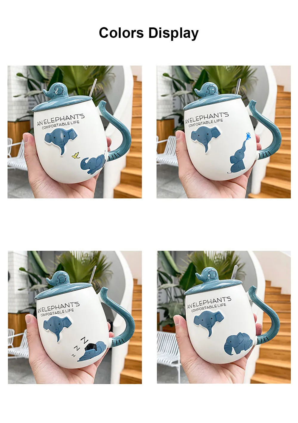 Керамическая Кофейная Кружка С Рисунком Слона из мультфильма, с крышкой, с милым рисунком, чашка для молока, фарфоровая кружка с крышкой