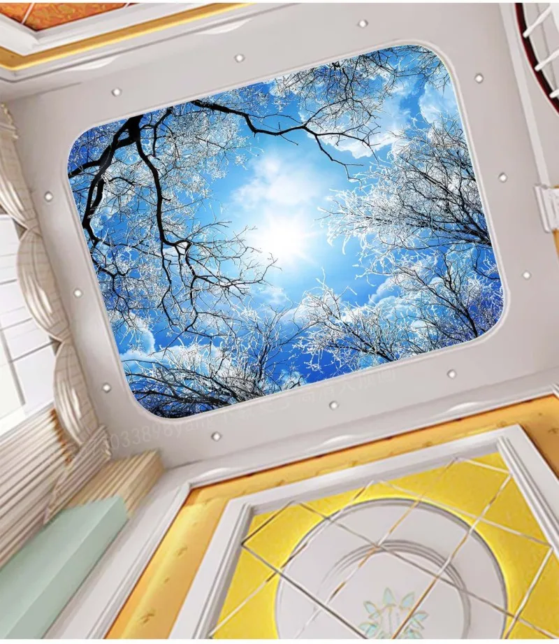 Custom 3D Photo Wallpaper ceilings  winter forest sky blue sky snow landscape painting ceiling