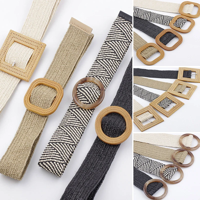 

2019 New Boho Unisex Wide Straw Braided Woven Waist Belt Female Round Square Wooden Buckle Belts for Women Dress