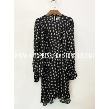 

2020 Women's New spring summer round neck long-sleeved solid color floral print bubble sleeve dress silk bohemian casual dress