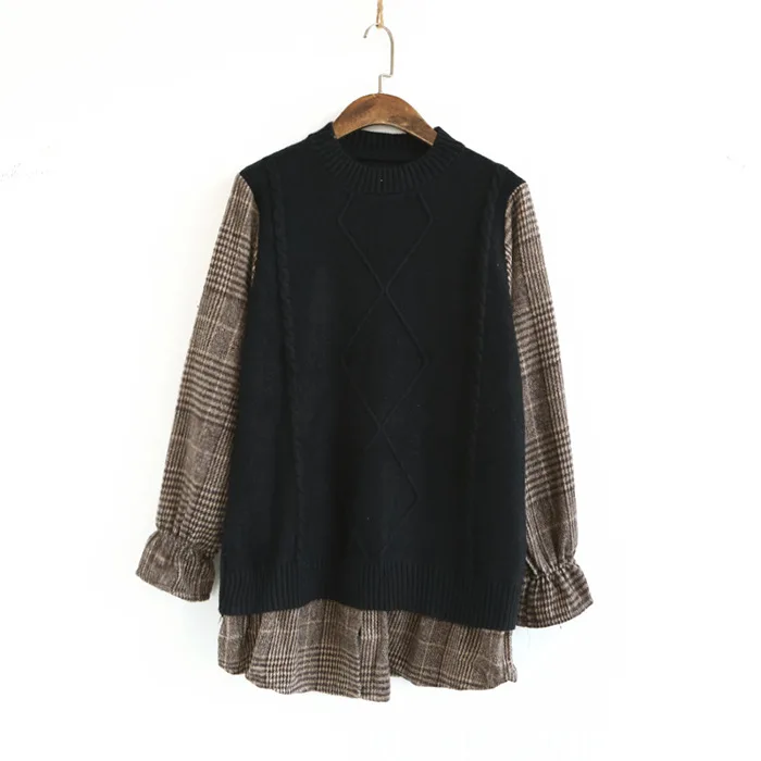 Faux two pieces plaid knitted patchwork sweater female autumn