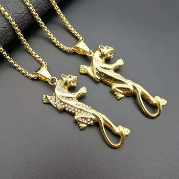 

Hip Hop Rhinestones Pave Bling Ice Out Gold Color 316L Stainless Steel Animal Leopard Panther Pendants Necklace for Men Jewerly